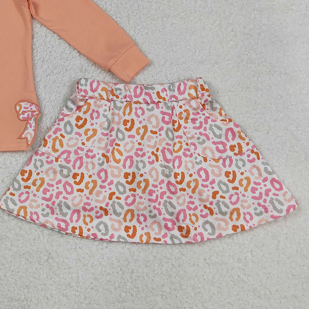 RTS NO MOQ (In stock)GLD1174 Baby Girls Skirt Sets Halloween Leopard Skorts Set with Bows Ghost And Pumpkins Tops for Kids' Halloween Outfit