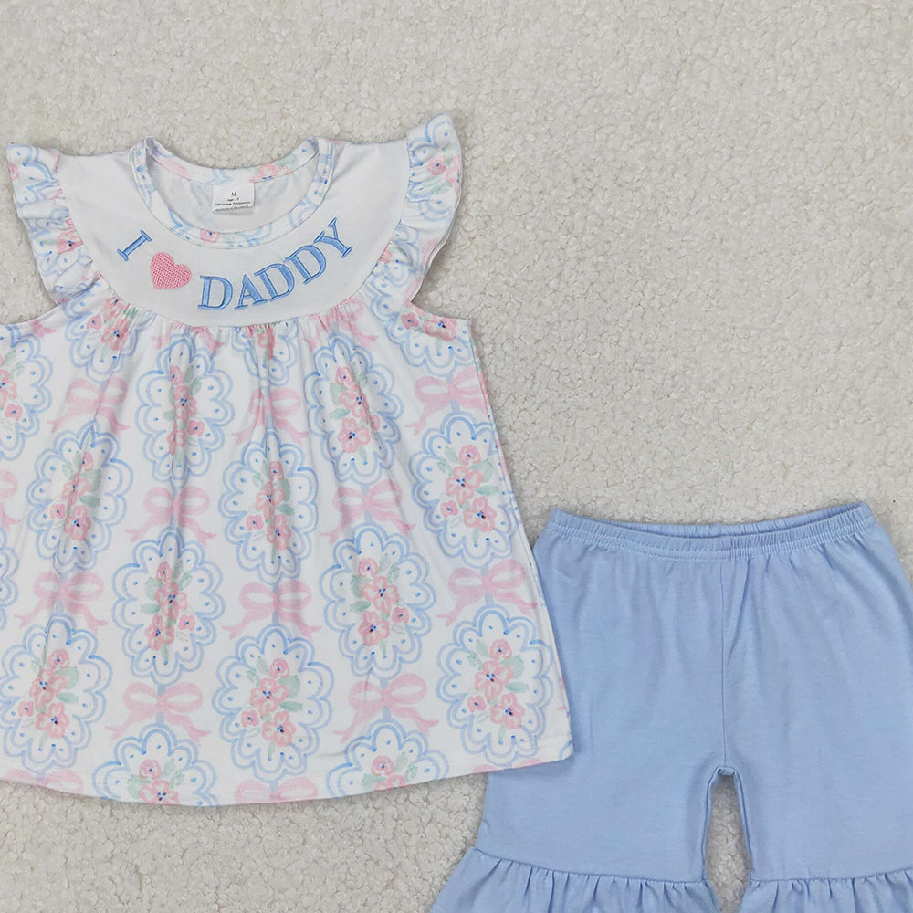 5.28 GSSO2407 RTS NO MOQ Baby Girls Summer Outfits I love daddy floral bow tunic ruffle shorts girls clothing