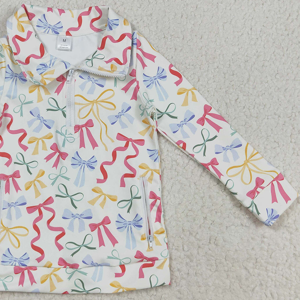 RTS NO MOQ (In stock)GT1065 Baby Girls Yoga Tops Baby Girls Colorful Bows Pockets Zipper Yoga Active Pullovers Top