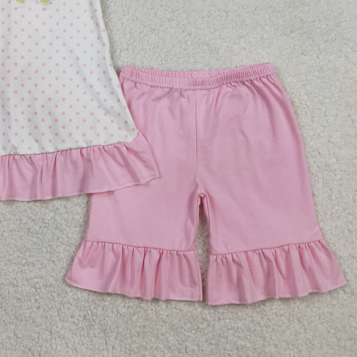 1.26 RTS NO MOQ (In stock)GSSO2884 Embroidery Golf Trucks Baby Girls Polka Dots Back Bow Tunic Ruffle Short Clothes Sets