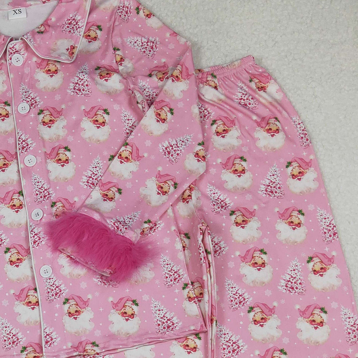 10.11 RTS NO MOQ (In stock)GLP2718 Adult Women Pink Santa Trees Button Top Pants Christmas Fur Pajamas Set