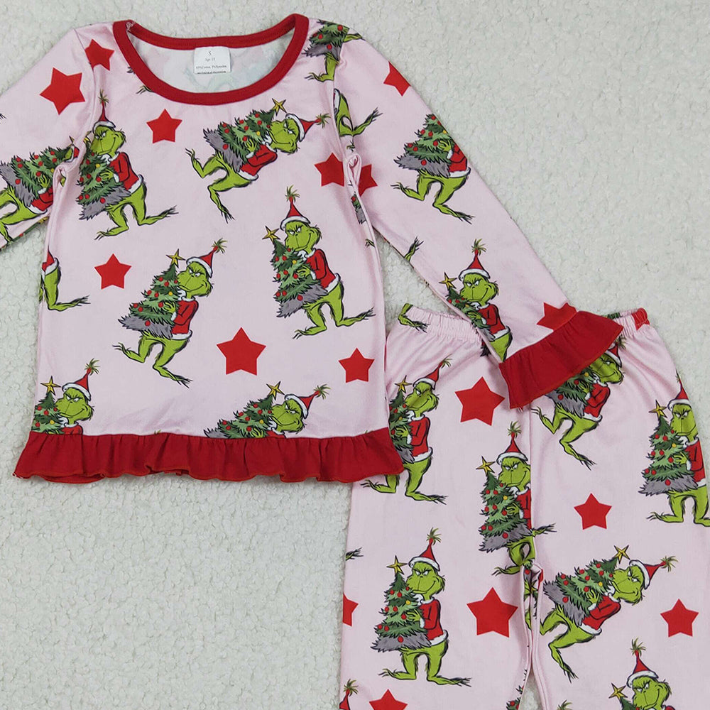 RTS NO MOQ (In stock)GLP2646 Baby Girls Winter Outfits Christmas Green Face Trees Top Pants Pajamas Sets