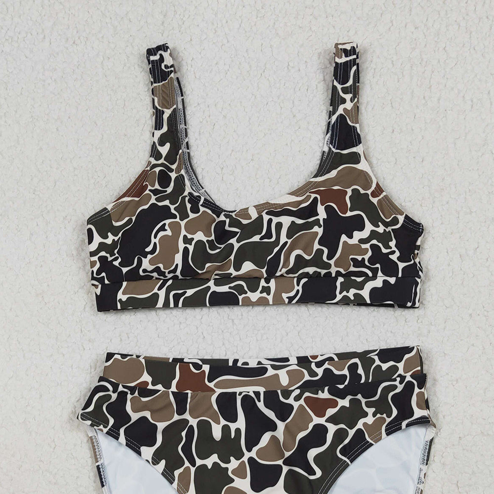8.19 S0566+S0567 RTS NO MOQ Adult Women's Swimsuit Dark camo adult women summer swim top summer swim bottom sets