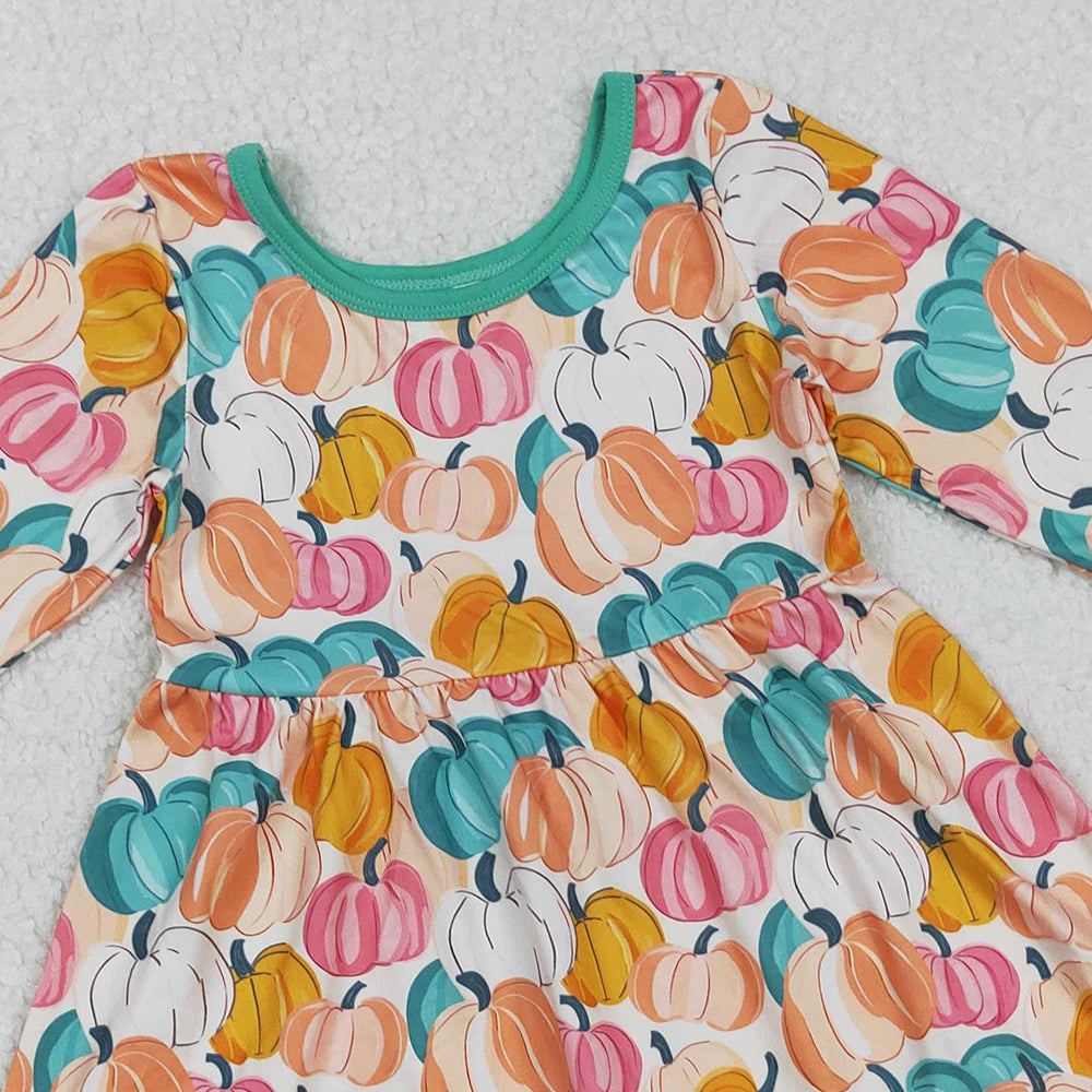 RTS NO MOQ (In stock)GLD1264 Baby Girls Winter Dress Colorful Pumpkin Long Sleeve Girls Dress with Ruffles for Fall Season Girls Clothing