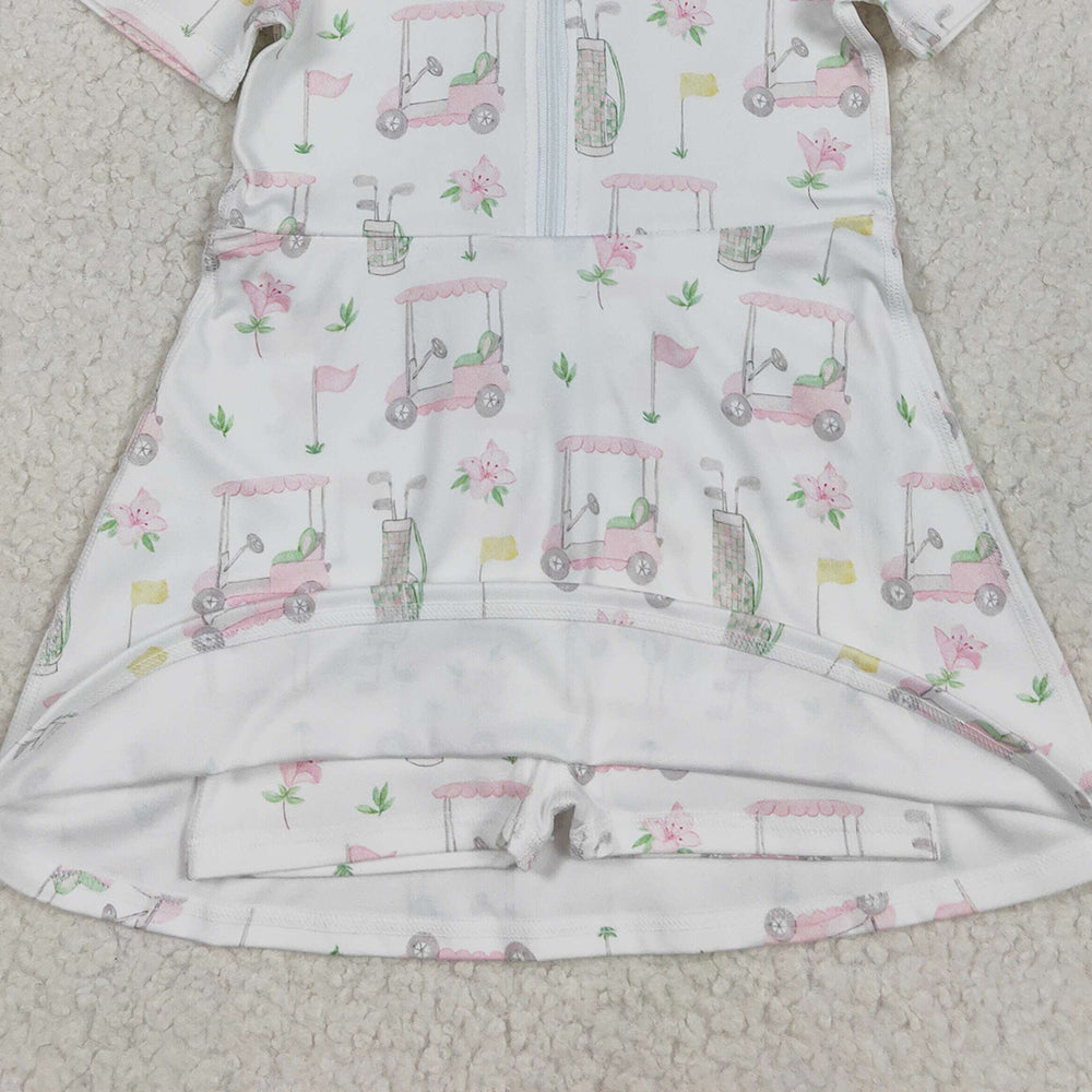 6.21 GSD2410RTS NO MOQ Baby Girls Summer Yoga Dress Baby Girls Short Sleeves Pink Flowers Golf Zipper Knee Length Dresses