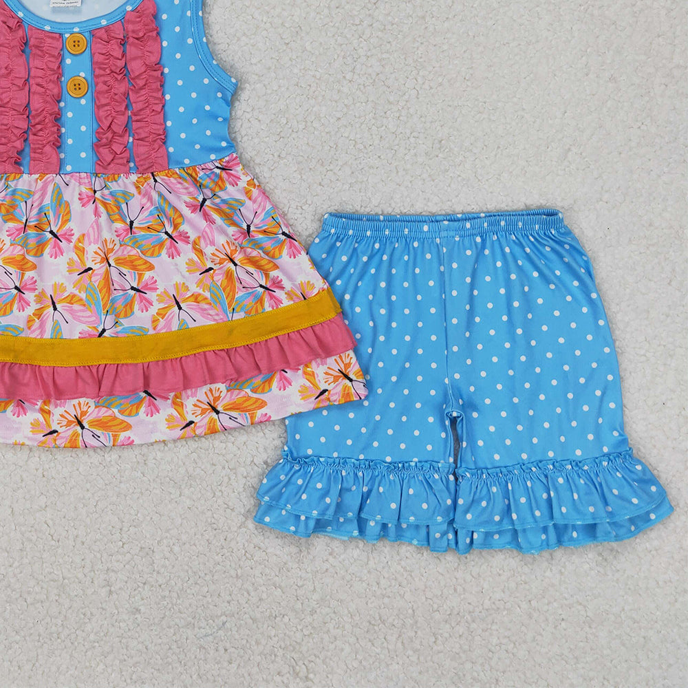 4.21 GSSO2199 RTS NO MOQ Baby Girls Summer Outfits Baby Girls Butterfly Ruffle Tunic Shorts Clothes Sets