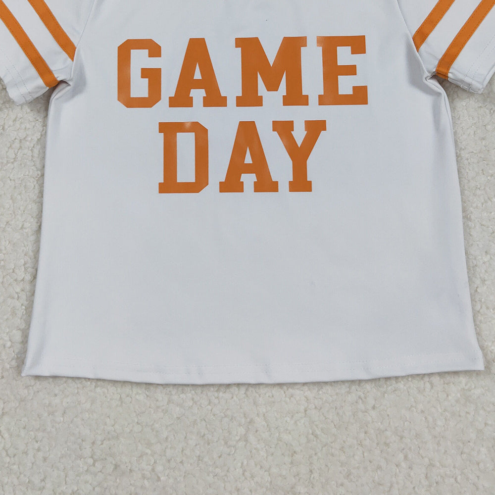 RTS NO MOQ (In stock)GT1116+GLK0109 Baby Girls Yoga Outfits White Orange Short Sleeves Game Day Activewear Top with Pleated Skirts Orange Yoga Skorts Bottom
