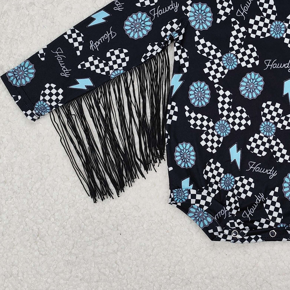 SR2552Turquoise plaid bow howdy tassels western baby romper