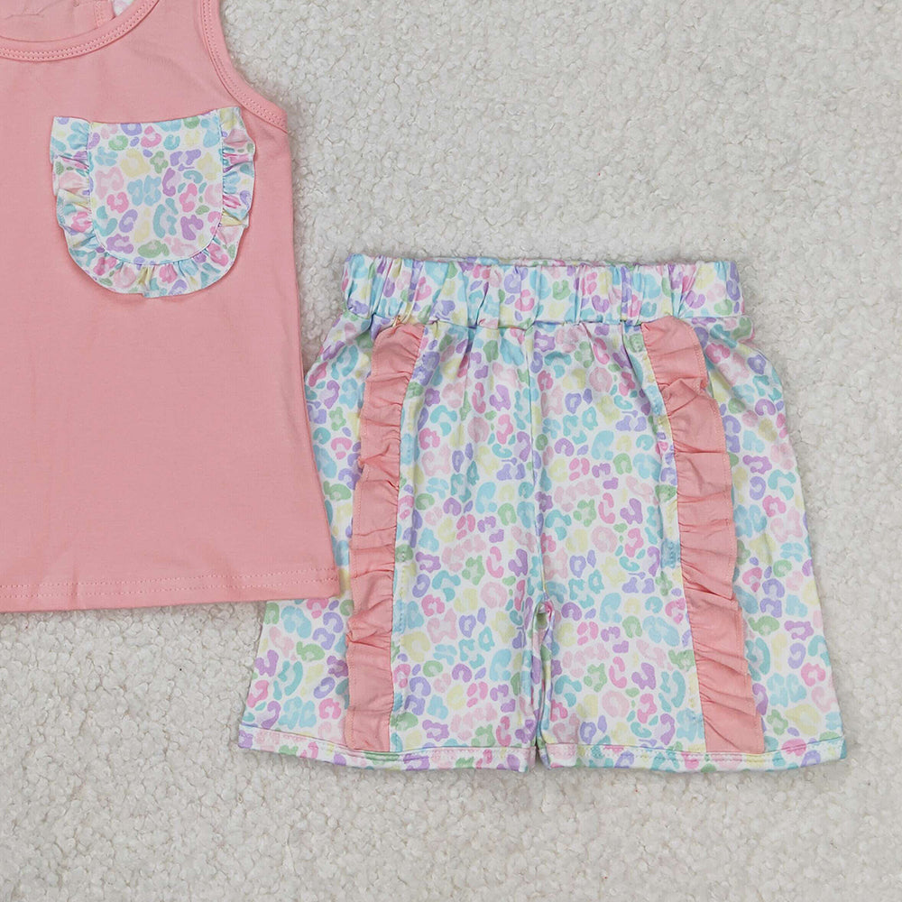4.22 GSSO1783 RTS NO MOQ Leopard pocket sleeveless top ruffle shorts girls clothes