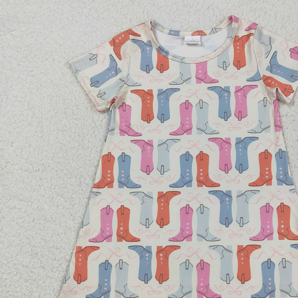 7.02 GSD2497RTS NO MOQ Baby Girls Summer Dress Baby Girls Short Sleeves Colorful Boots Knee Length Dresses