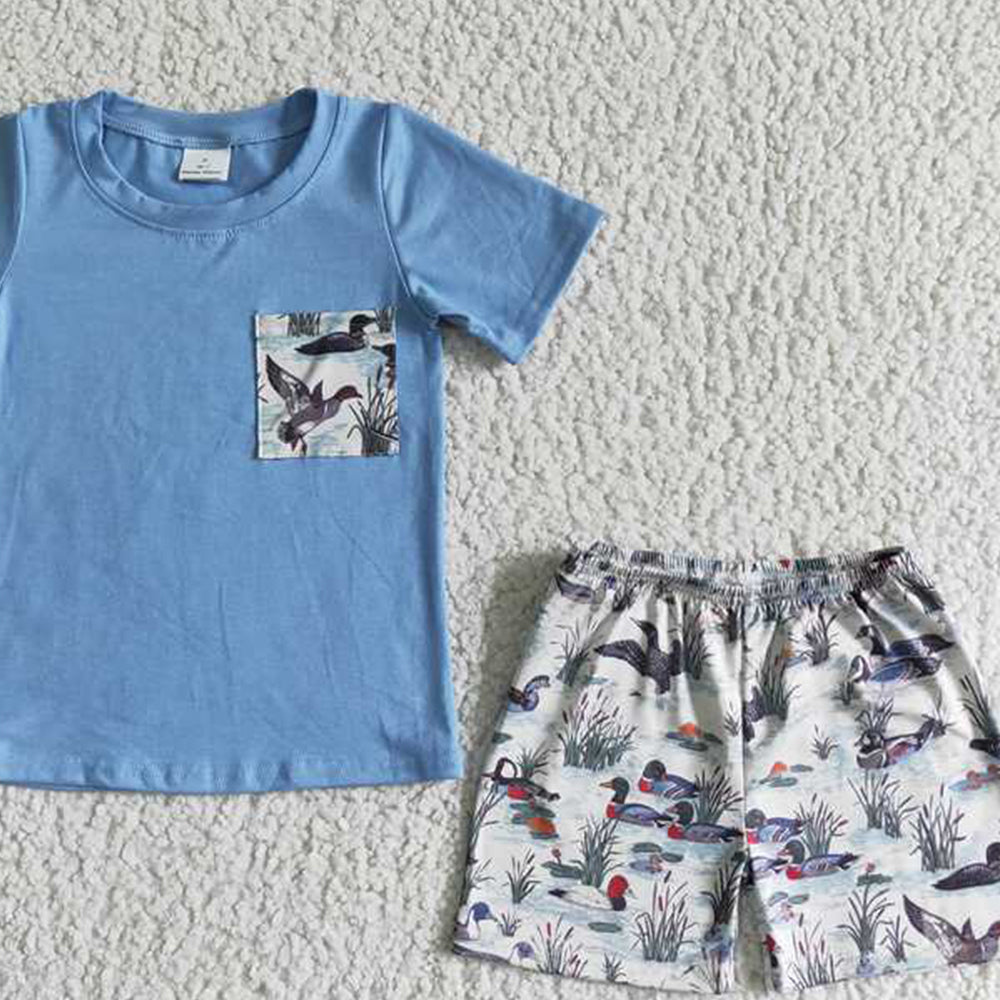 6.13 E8-15 RTS NO MOQ Baby Boys Summer Boys Outfits Blue cotton short sleeve shirt duck print shorts boy summer outfits