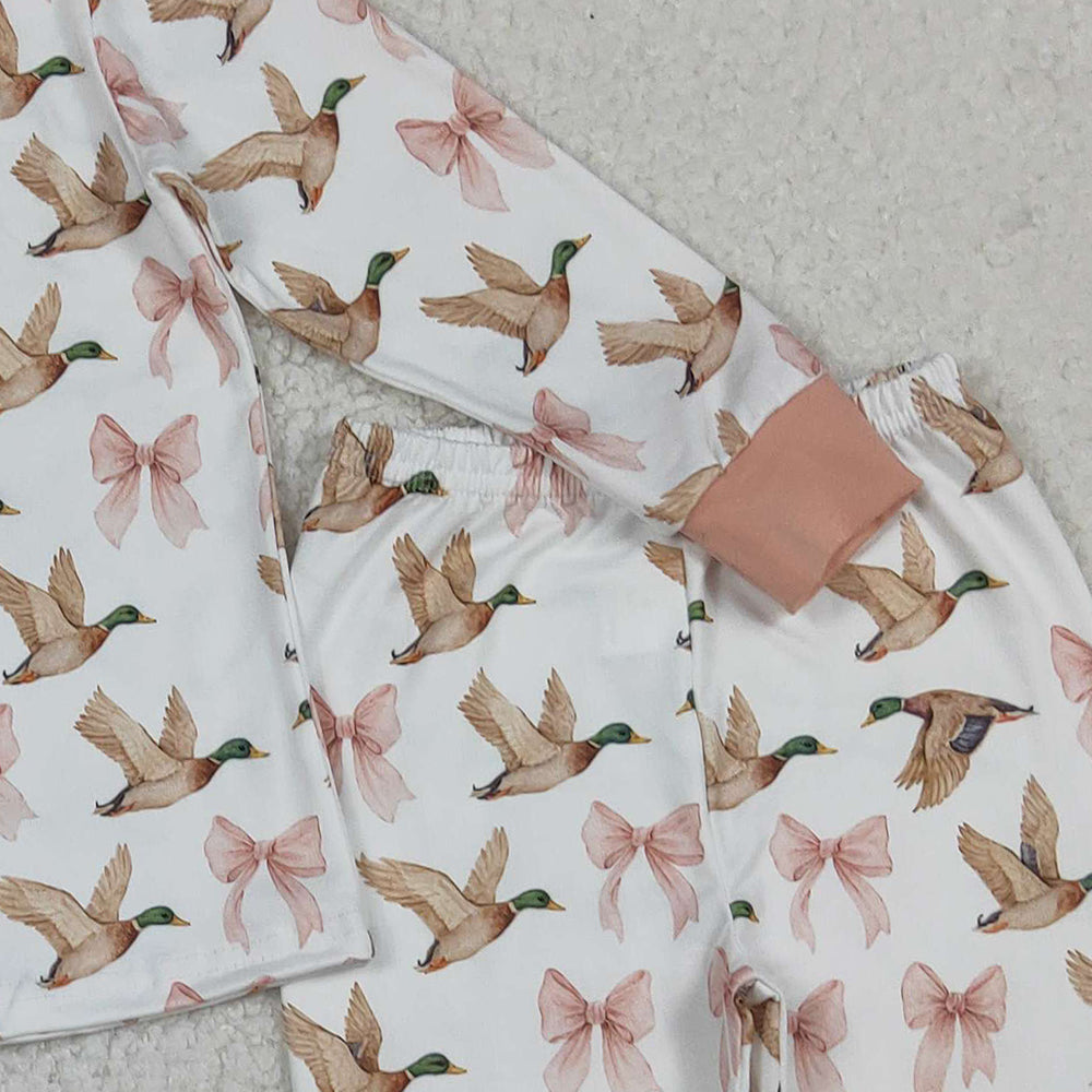 RTS NO MOQ (In stock)GLP2687Baby Girls Winter Outfits Ducks Bows Plaid Top Pants Pajamas Set