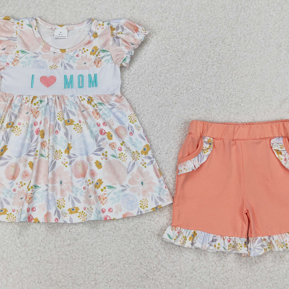 4.07 GSSO2408 RTS NO MOQ Baby Girls Summer Outfits Short sleeves I love MOM floral tunic shorts girls clothes