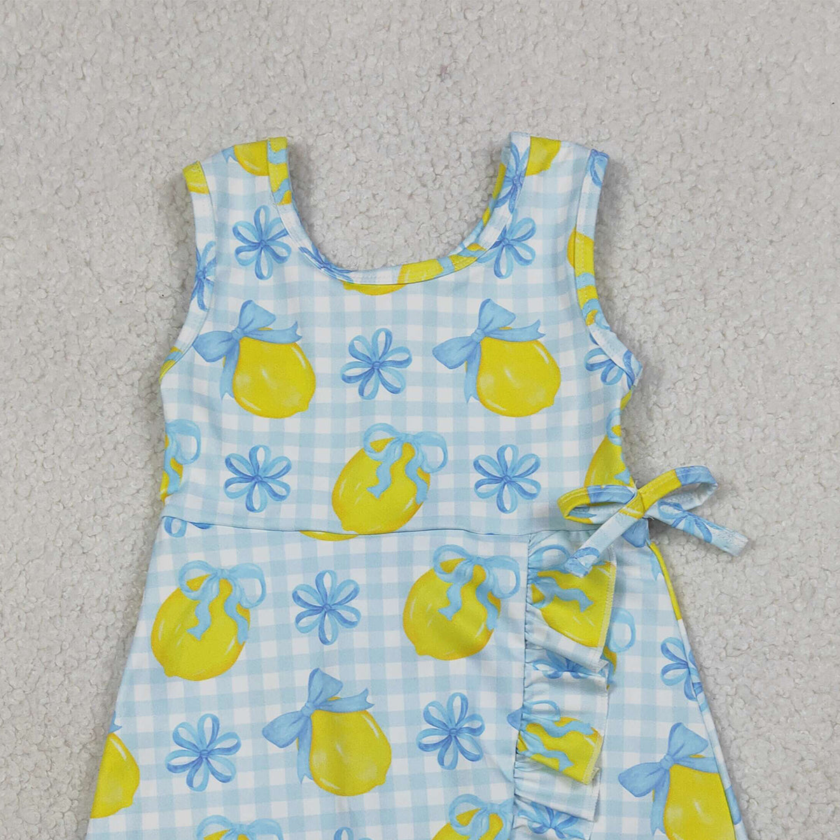 3.23 RTS NO MOQ (In stock)GSD3684 Kids Fashion Clothes Baby Girls Strap Blue Checked Bow Lemons Back Zip Yoga Active Shorts Ruffle Knee Length Dress
