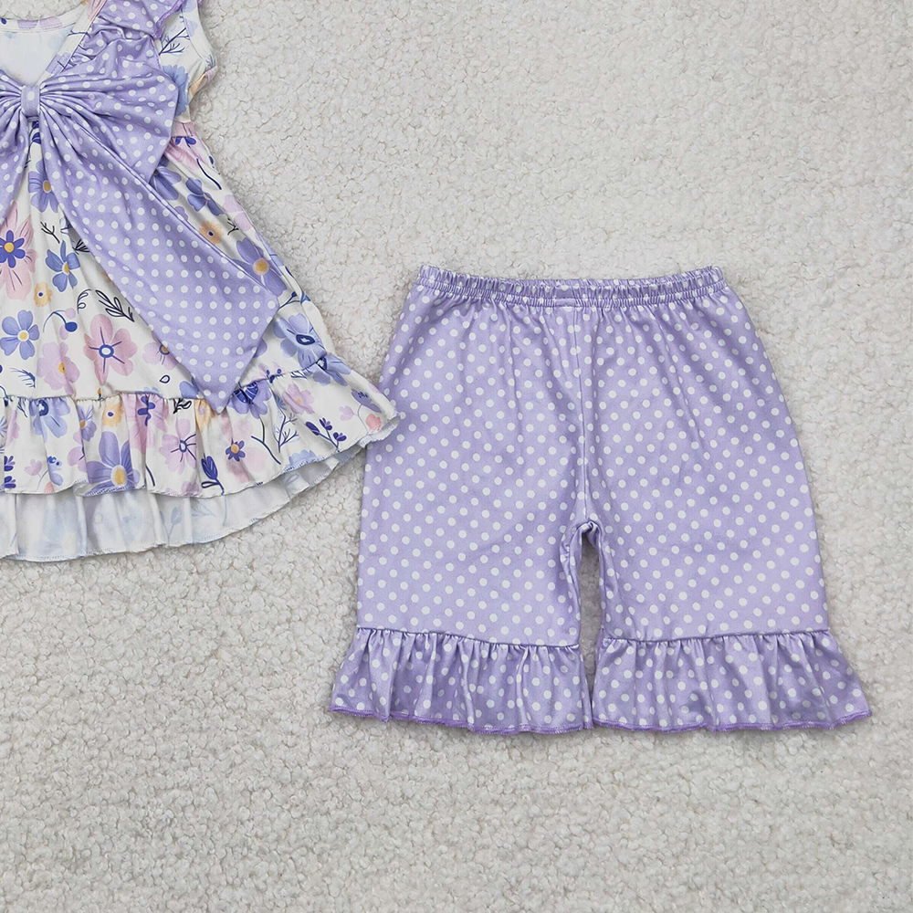 4.12 GSSO2306 RTS NO MOQ Baby Girls Summer Outfits Polka dots ruffle floral tunic shorts girls clothing outfits