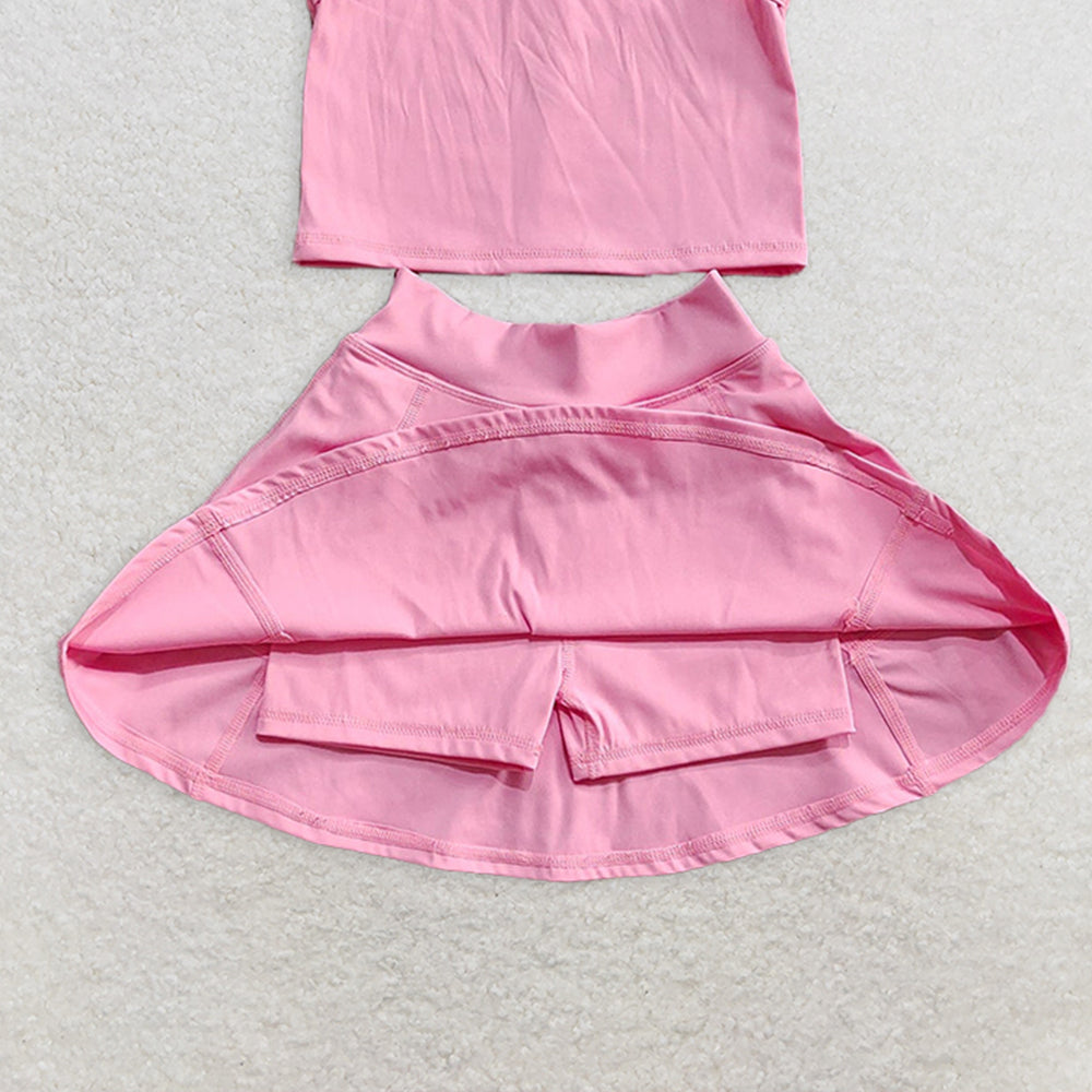 GSD1978RTS NO MOQ Baby Girls Yoga Outfits Dark Pink Sleeveless Top Skirt Set Kids Girls Active Wear Outfit