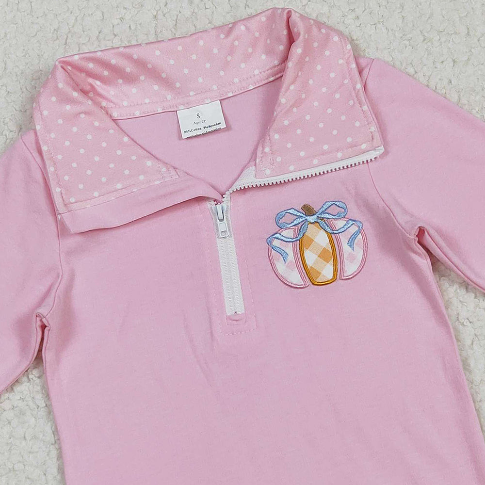 RTS NO MOQ (In stock)GT1112 Baby Girls Long Sleeve Tops Embroidery Baby Girls Pink Long Ruffle Sleeves Pumpkins Zipper Pullover Top
