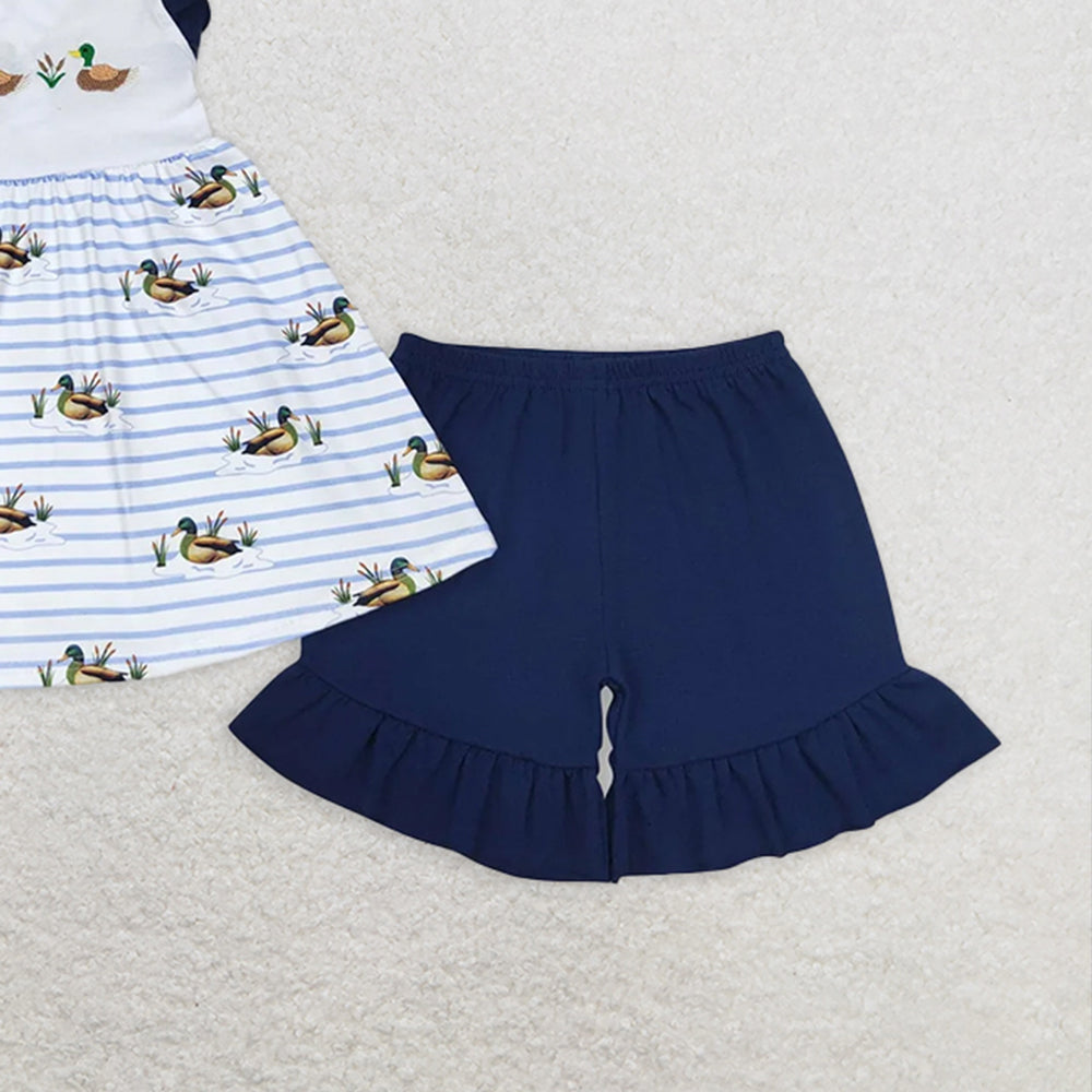 GSSO1189RTS NO MOQ Baby Girls Summer Outfits Duck stripe tunic navy shorts girls summer outfits