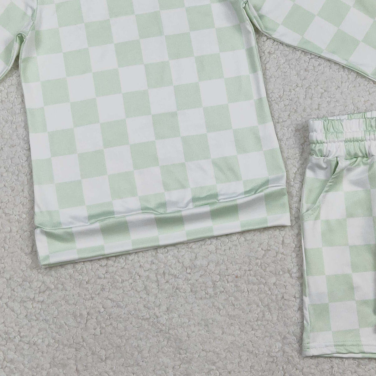 2.6 RTS NO MOQ (In stock)GLS0086 Baby Girls Light Green Checked Long Sleeve Top Pockets Shorts Clothes Sets