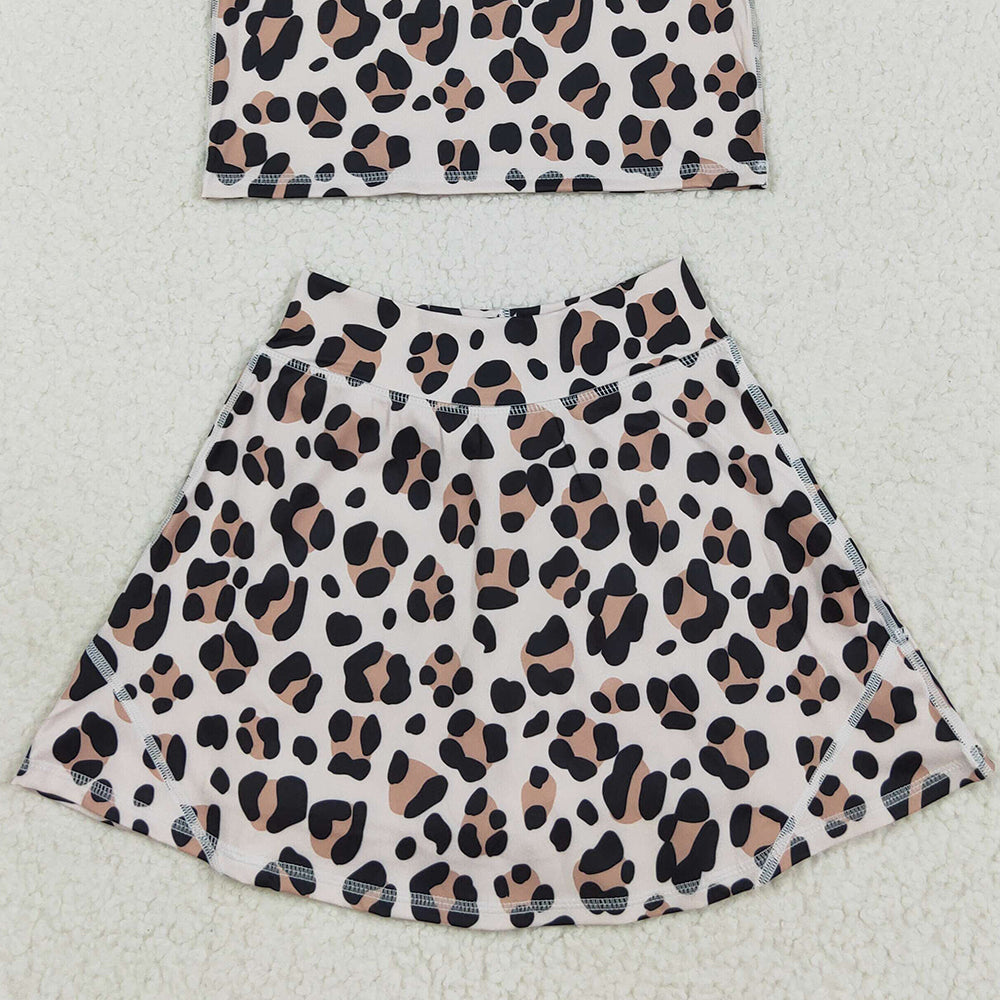 RTS NO MOQ (In stock)GSD2327 Baby Girls Yoga Sets Baby Girls Sleeveless Leopard Vest Top Skort Yoga Active Set