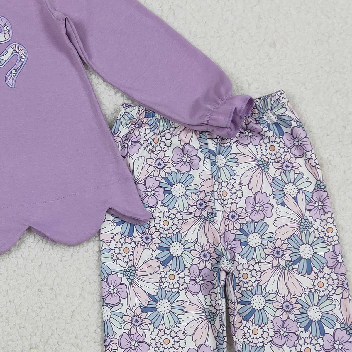 1.15 RTS NO MOQ (In stock)GLP3019 Embroidery Floral Bows Baby Girls Purple Scallop Tunic Ruffle Pants Clothes Sets