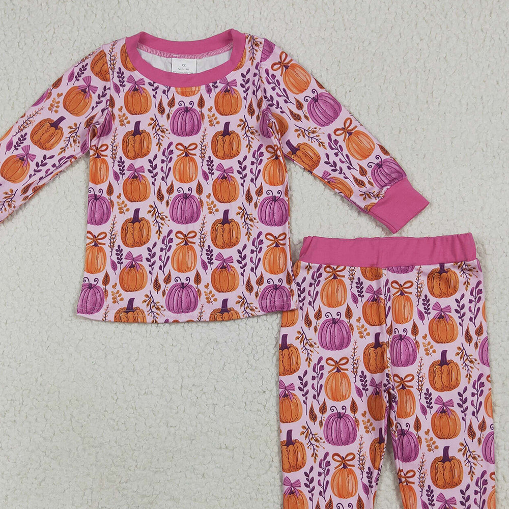 8.15 GLP2415RTS NO MOQ Baby Girls Winter Outfits Baby Girls Long Sleeves Hot Pink Floral Pumpkins Top Pant Pajamas Set