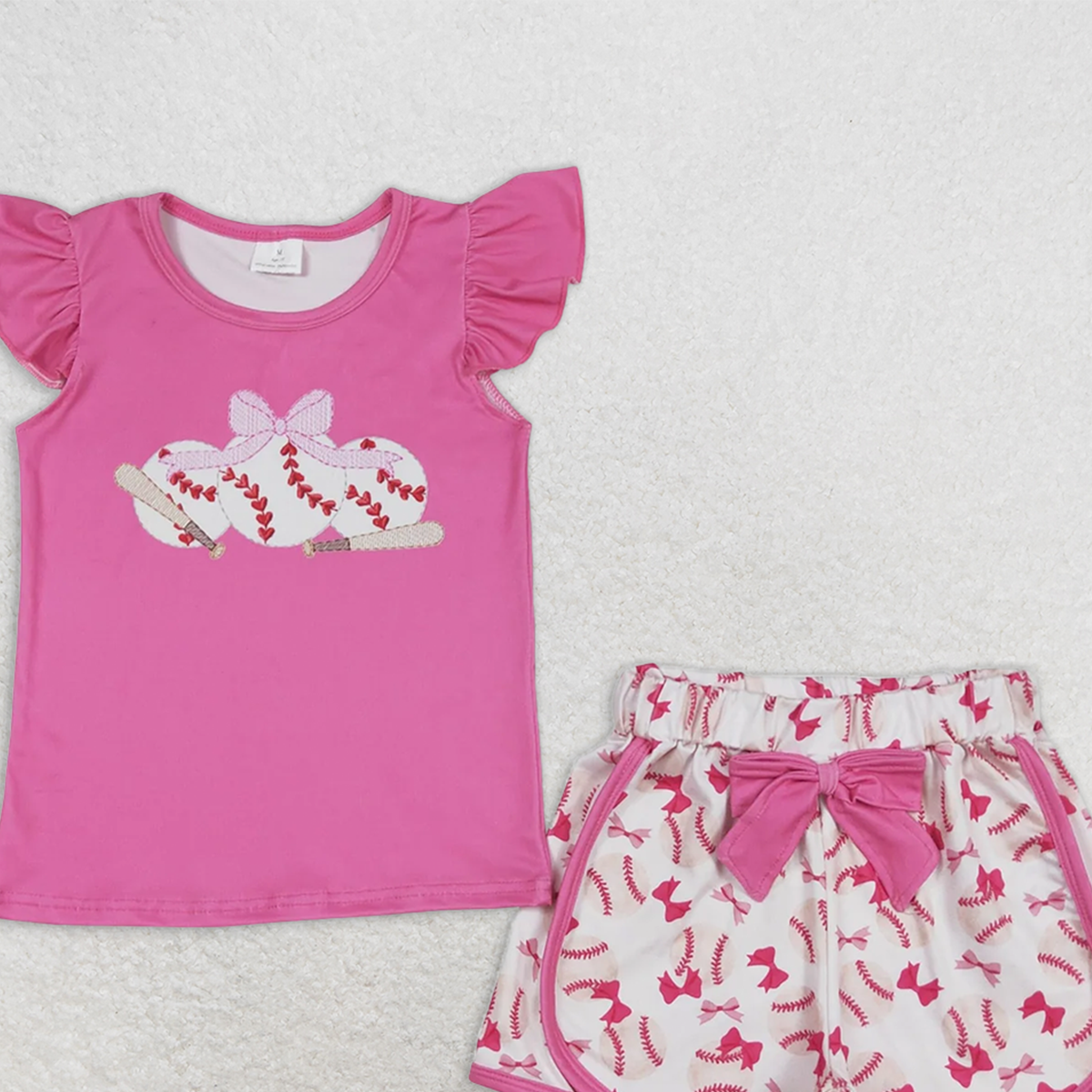 GSSO1685RTS NO MOQ Baby Girls Summer Outfits Girls Pink Flutter Sleeve Baseball Bow Top Shorts Outfit Set Cute Feminine Clothing Set for Kids