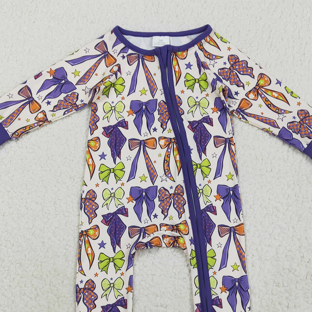 8.20 RTS NO MOQ (In stock)LR2403 Baby Girls Winter Rompers Baby Girls Long Sleeves Purple Bows Zipper Footie Rompers