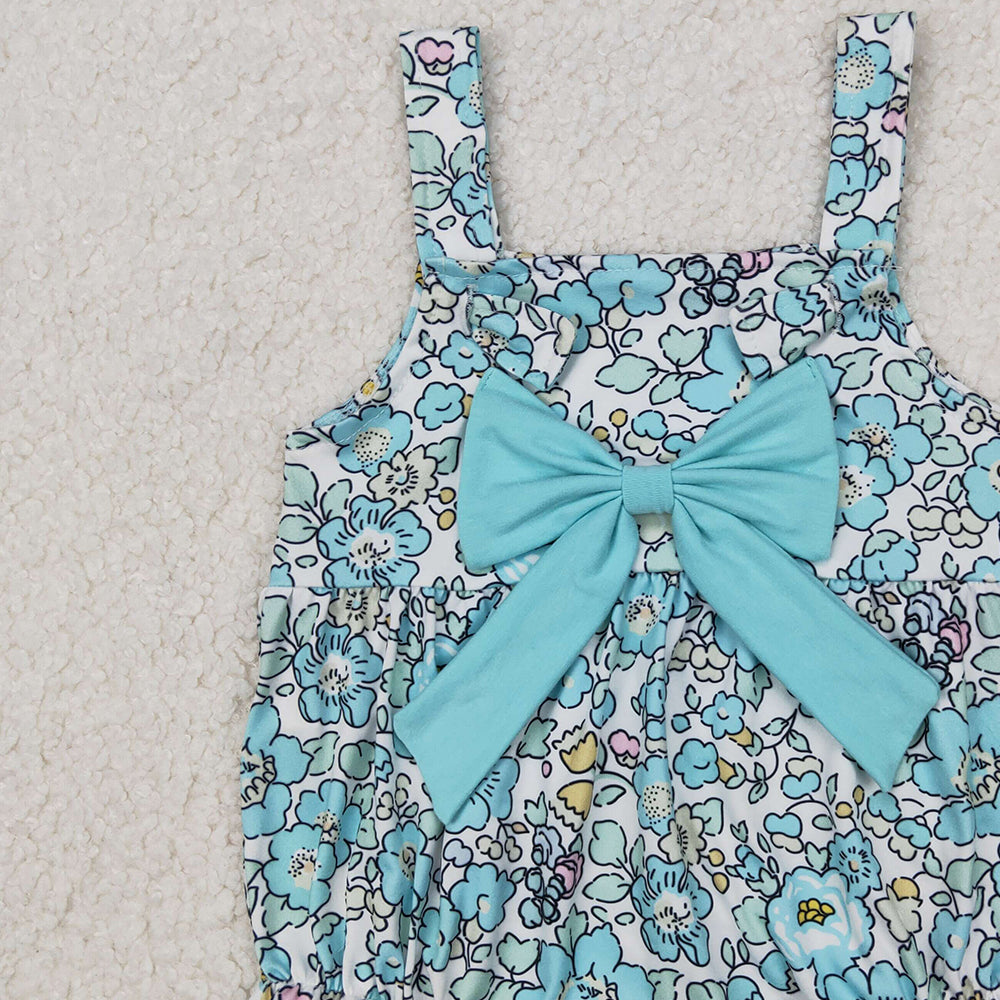 4.10 SR2829 RTS NO MOQ Baby Girls Summer Romper Baby Girls Light Blue Floral Bow Top Rompers