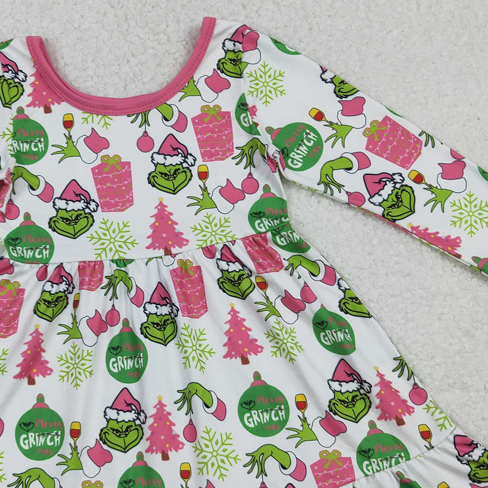 RTS NO MOQ (In stock)GLD1277 Baby Girls Winter Dress Green Face Gifts Christmas Ruffle Knee Length Dresses