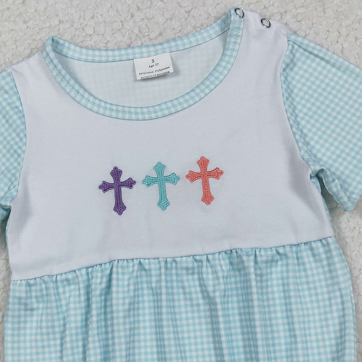 11.8 RTS NO MOQ (In stock)SR3215 Baby Boys Summer Rompers Embroidery Crosses Baby Boys Blue Checked Short Sleeve Easter Rompers