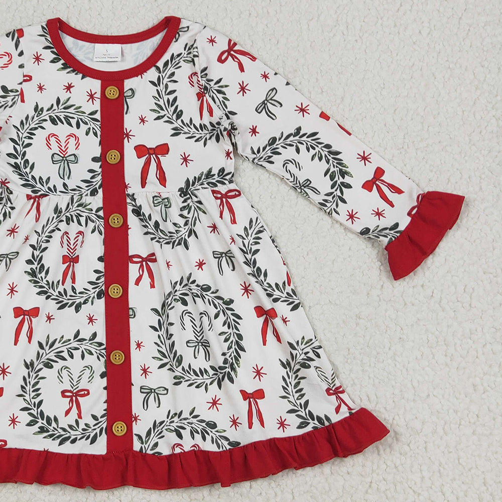 8.15 GLD1082 RTS NO MOQ Baby Girls Winter Dress Baby Girls Long Ruffle Sleeves Green Red Bows Button Knee Length Dresses