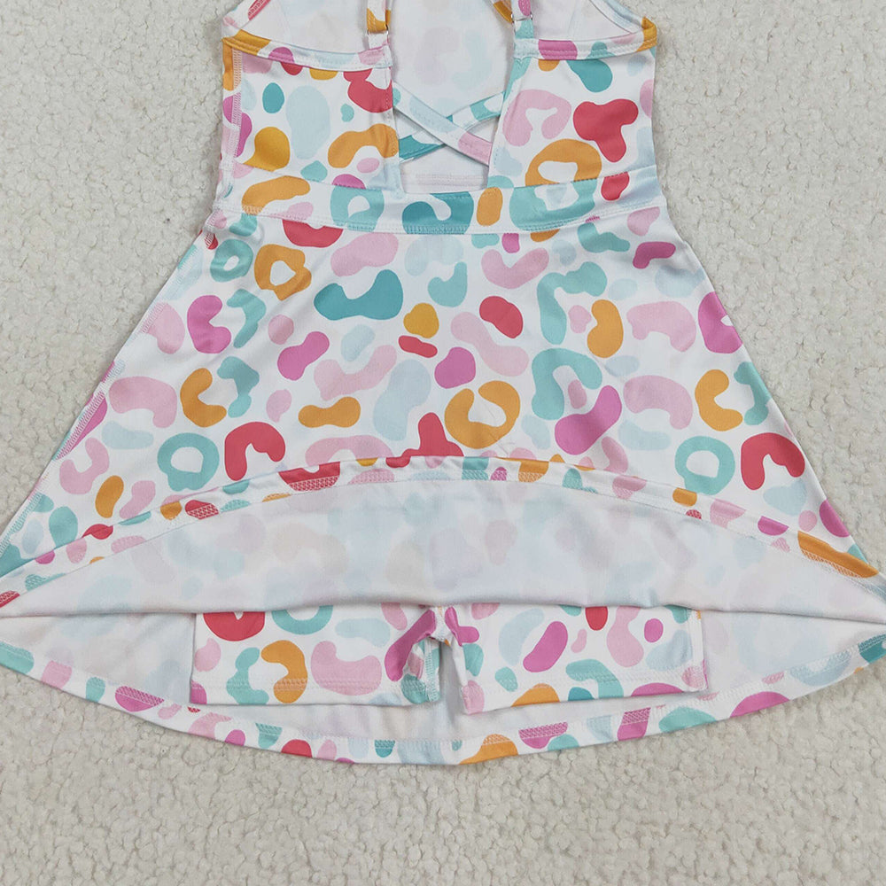 8.20 RTS NO MOQ (In stock)GSD2645 Baby Girls Summer Yoga Dress Baby Girls Strap Pink Green Leopard Shorts Knee Length Dresses