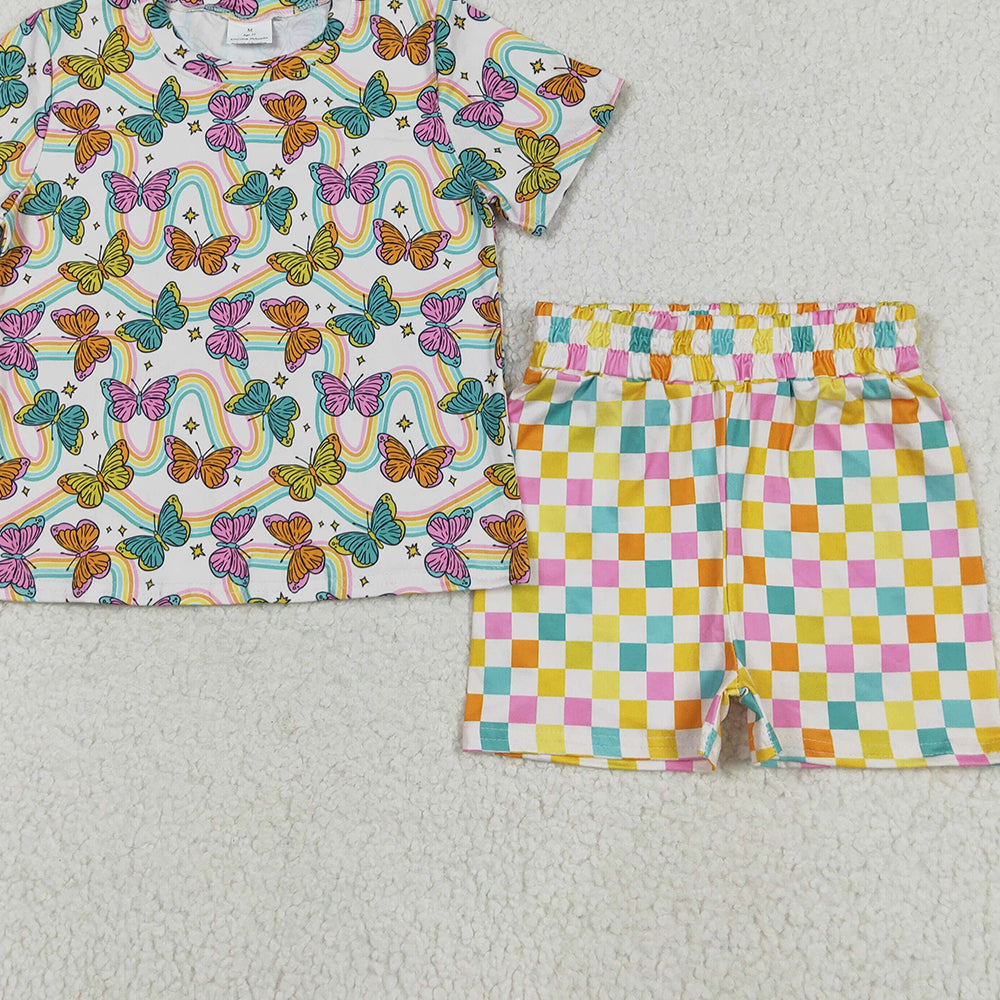 GSSO2615 RTS NO MOQ Baby Girls Summer Outfits Baby Girls Short Sleeves Butterfly Rainbows Top Colorful Plaid Short Pajamas Set