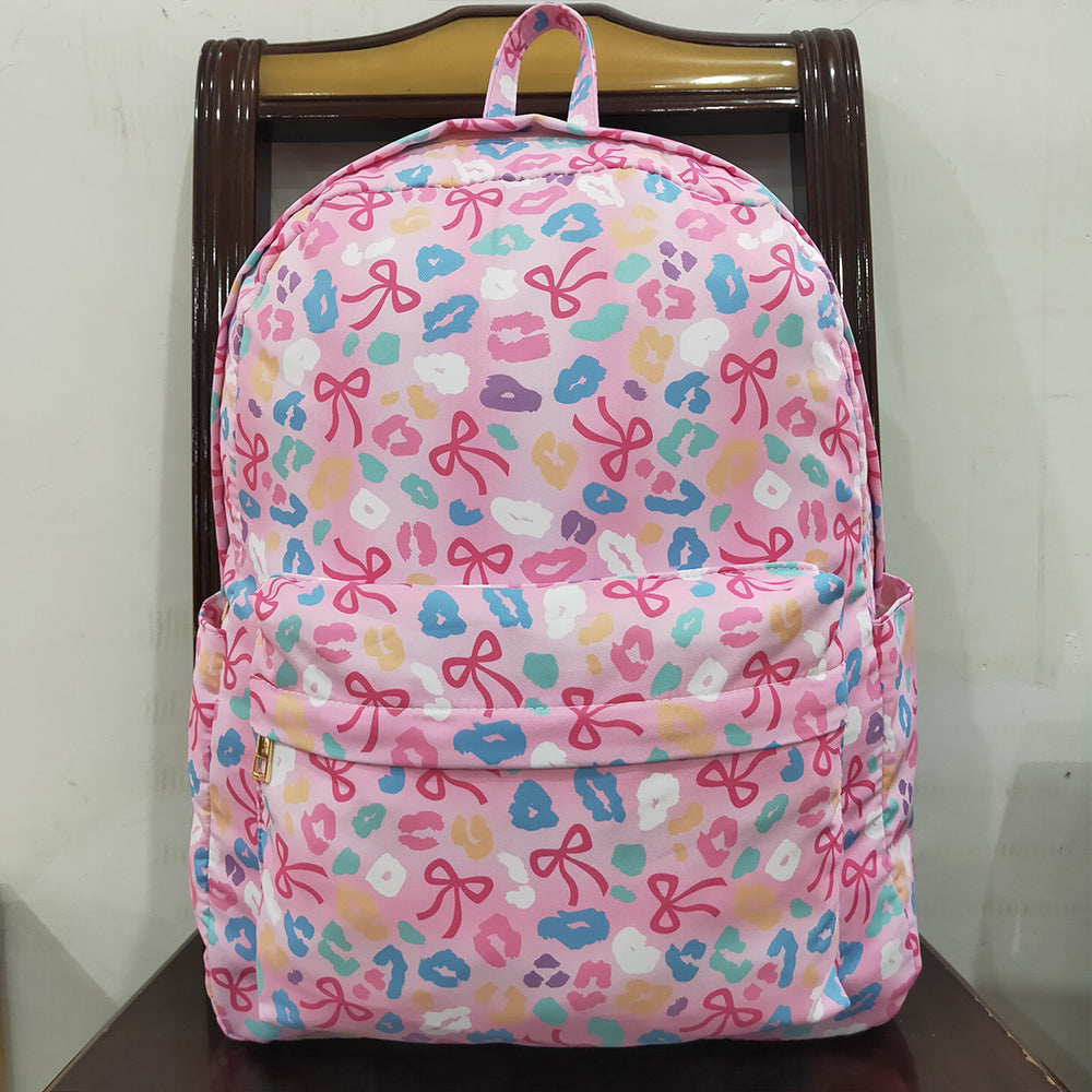 RTS NO MOQ (In stock)BA0319 Baby Bags Baby Kids Pink Leopard Bows School Zipper Ruffle Back Bags