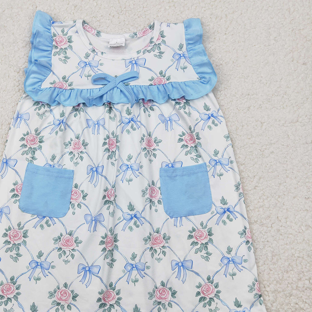 5.17 GSD2230 RTS NO MOQ Baby Girls Summer Dress Baby Girls Pink Flowers Blue Bow Dress