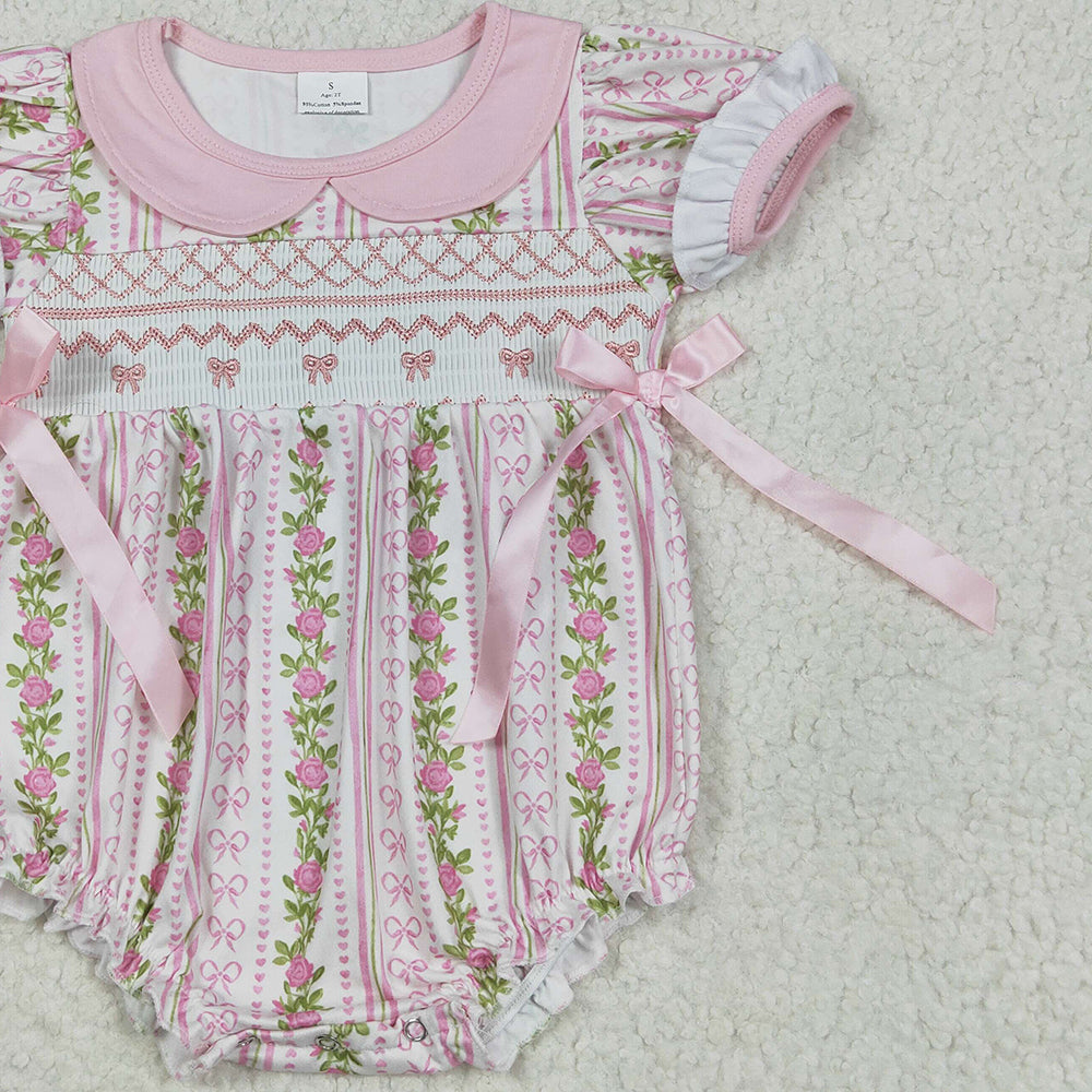 USA Shop (in stock)SR2994 RTS NO MOQ Baby Girls Summer Rompers Embroidery Baby Infant Girls Pink Floral Bows Ruffle Rompers