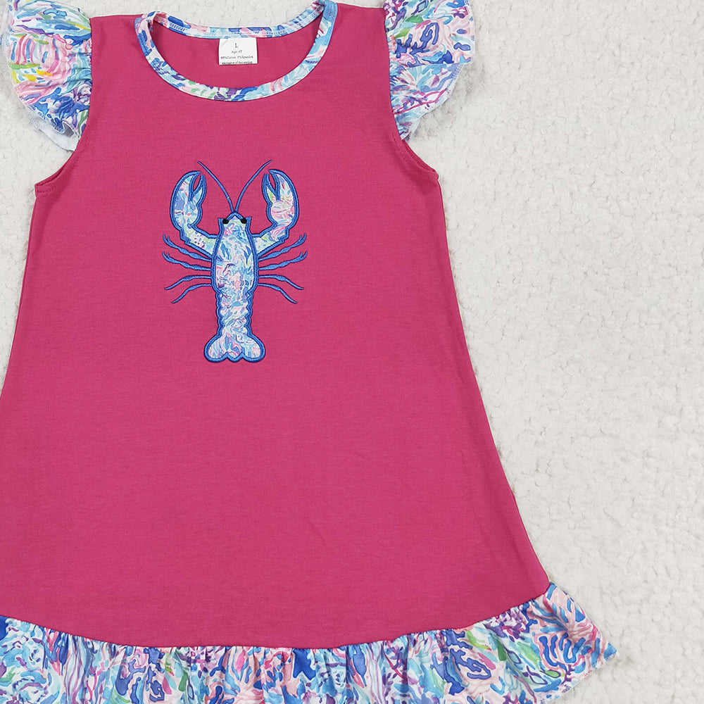 RTS NO MOQ (In stock)GSD2398 Baby Girls Summer Dress Embroidery Baby Girls Flutter Sleeves Floral Crayfish Knee Length Dress
