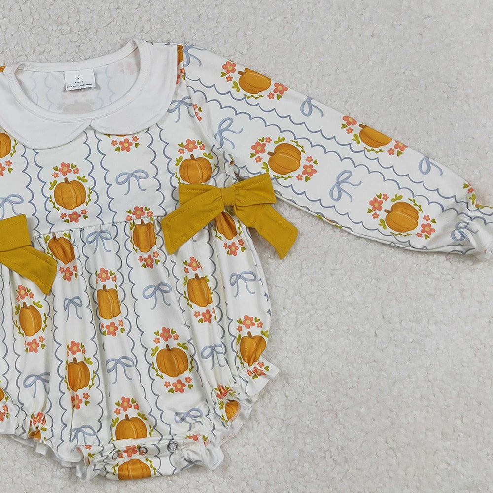 RTS NO MOQ (In stock)LR2389 Baby Girls Winter Rompers Fall Seasonal Pumpkin Bow Design Comfortable Cotton Outfit for Infants