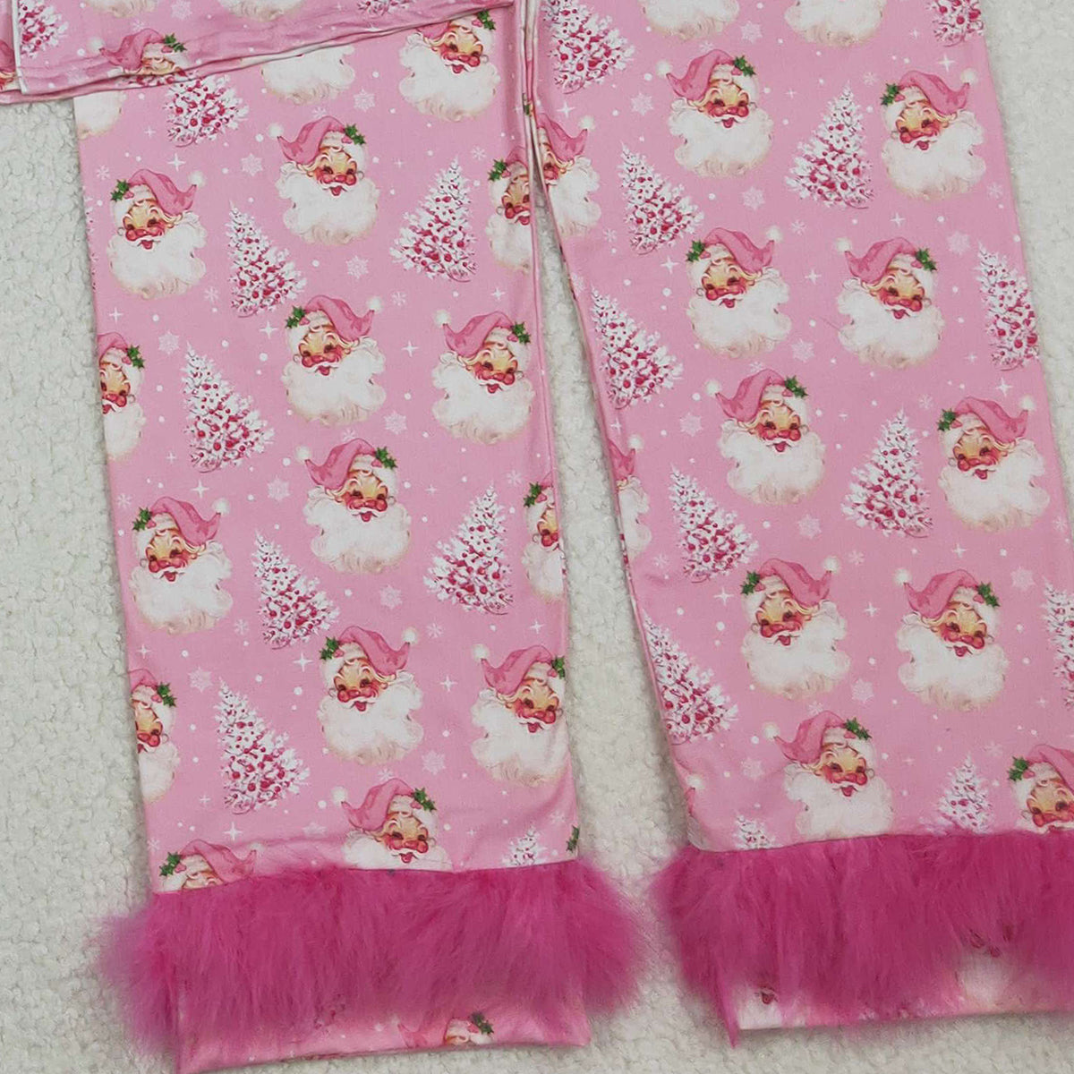 10.11 RTS NO MOQ (In stock)GLP2718 Adult Women Pink Santa Trees Button Top Pants Christmas Fur Pajamas Set