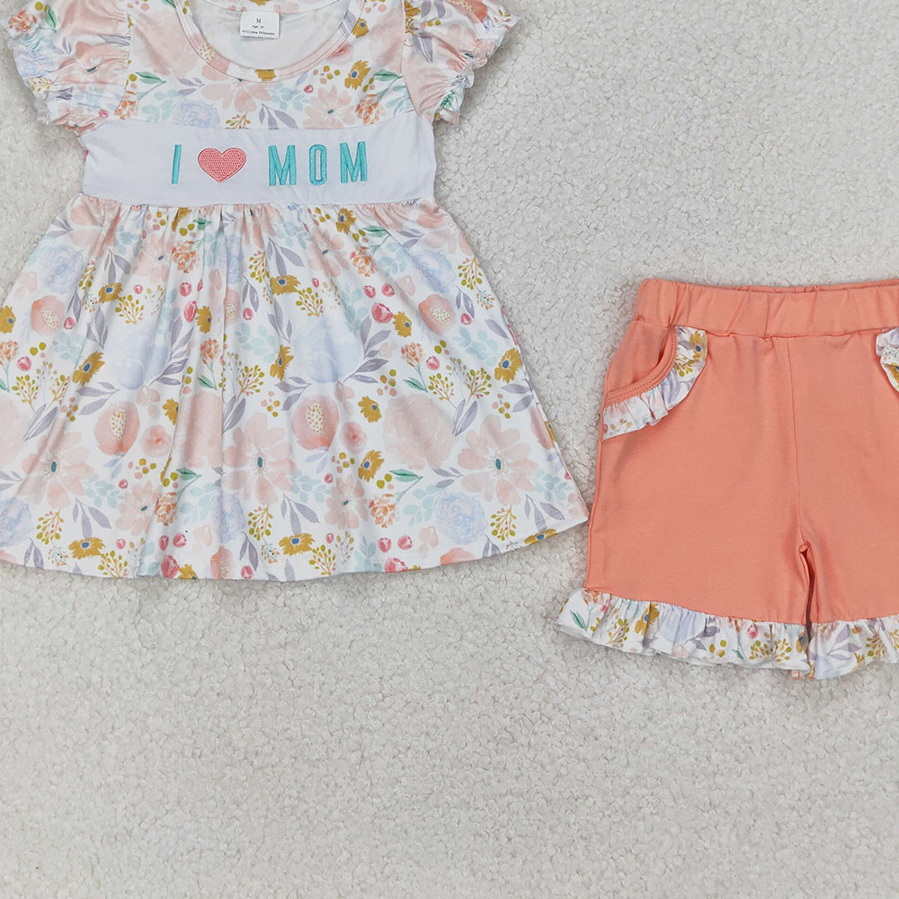 4.07 GSSO2408 RTS NO MOQ Baby Girls Summer Outfits Short sleeves I love MOM floral tunic shorts girls clothes