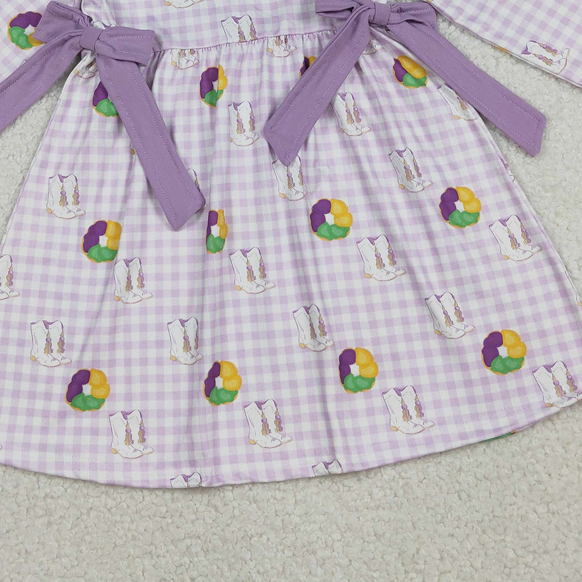 12.12 RTS NO MOQ (In stock)GLD1379 Baby Girls Winter Dress Baby Girls Purple Checked Boots Donuts Bows Mardigras Knee Length Dresses
