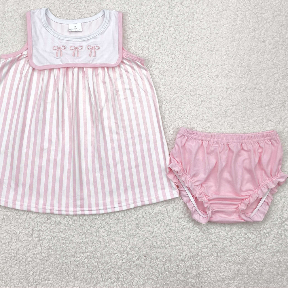4.09 GBO0476 RTS NO MOQ Baby Girls Summer Outfits Pink bow stripe sleeveless tunic bummies girls clothes