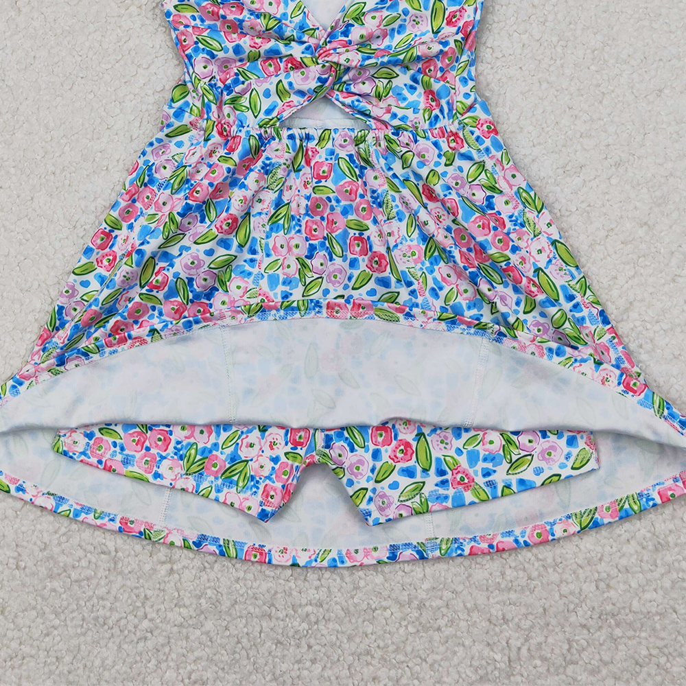 4.14 GSD1990 RTS NO MOQ Baby Girls Summer Yoga Dress Sleeveless blue floral kids girls athletic dresses