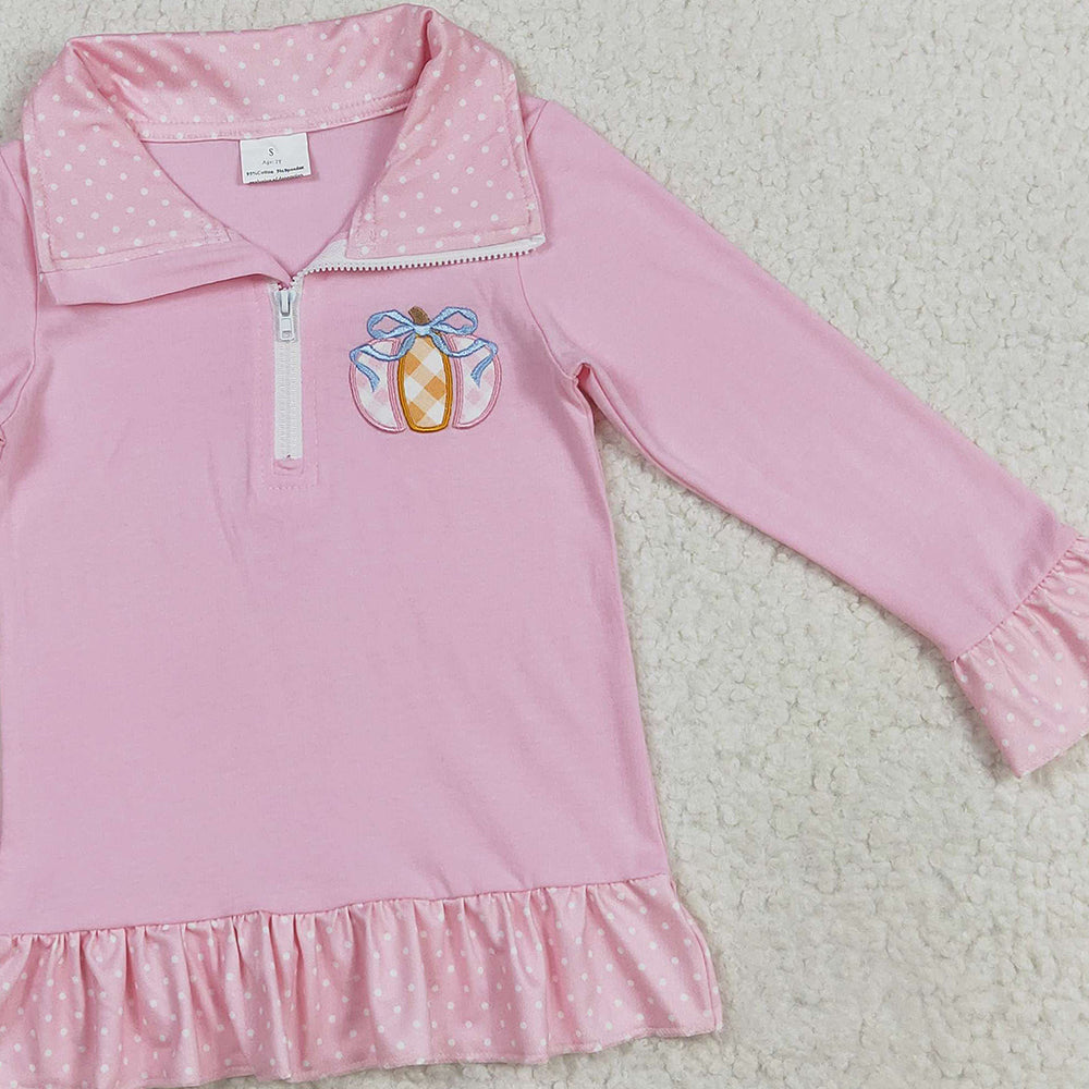 RTS NO MOQ (In stock)GT1112 Baby Girls Long Sleeve Tops Embroidery Baby Girls Pink Long Ruffle Sleeves Pumpkins Zipper Pullover Top