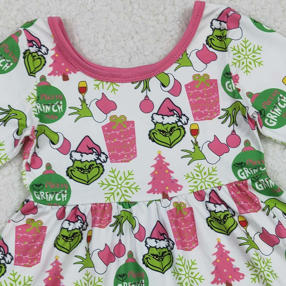 RTS NO MOQ (In stock)GLD1277 Baby Girls Winter Dress Green Face Gifts Christmas Ruffle Knee Length Dresses