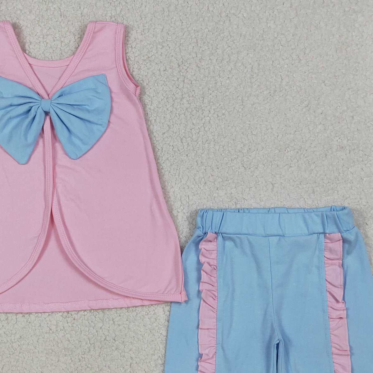4.1 RTS NO MOQ (In stock)GSSO3462 Sleeveless bow pink tunic light blue shorts girls summer outfits