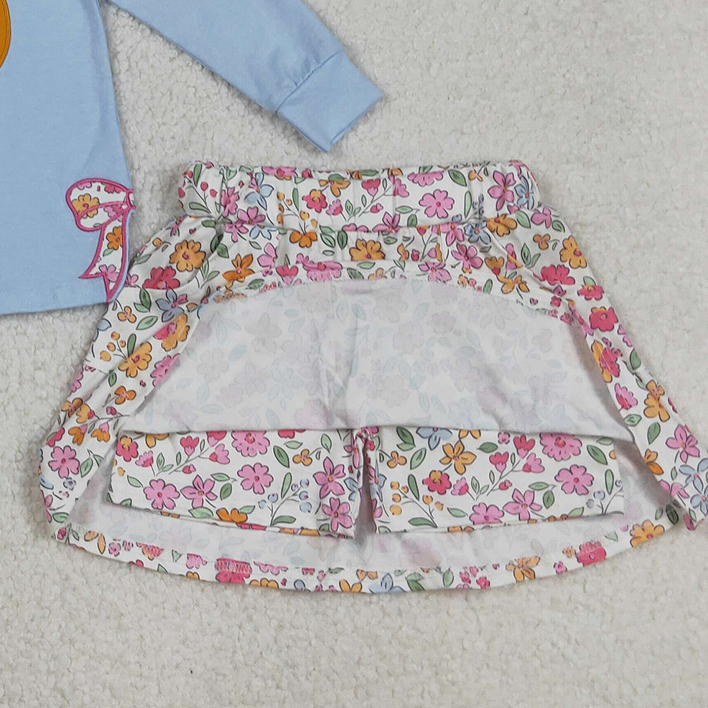 RTS NO MOQ (In stock)GLD1172 Baby Girls Skirt Sets Blue Long Sleeves Bows Pumpkin Top with Flowers Skorts Children's Outfit Set