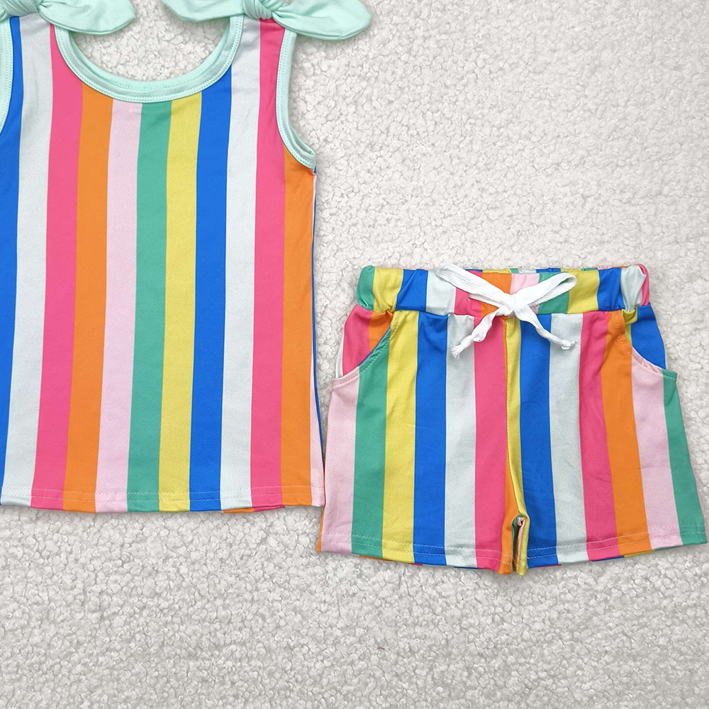 6.26 GSSO2540 RTS NO MOQ Baby Girls Summer Outfits baby girls clothes colorful striped flying sleeve shorts set