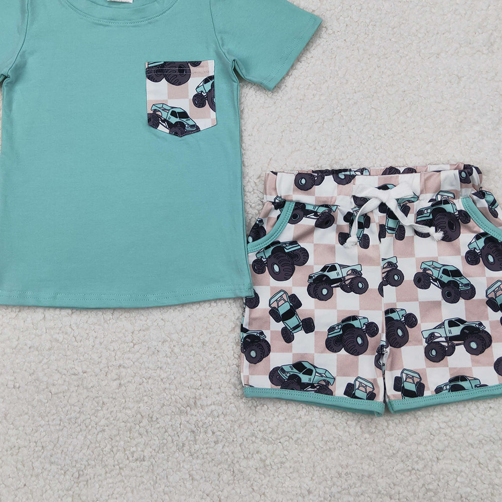 4.11 BSSO1316 RTS NO MOQ Baby Boys Summer Boys Outfits Baby Boys Aqua Short Sleeves Pocket Top Trucks Plaid Short Set